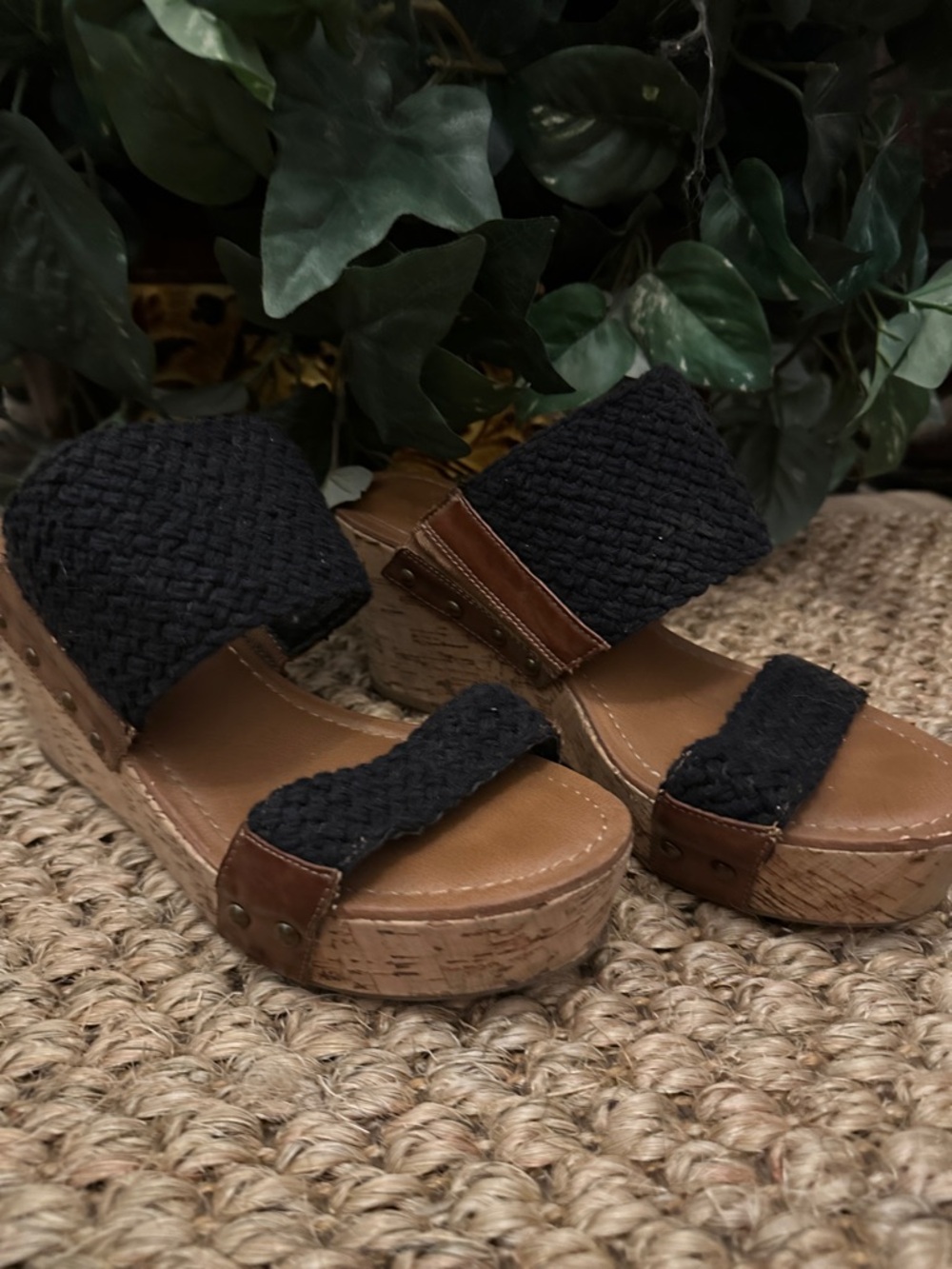 Crown Vintage Black Braided Platform Sandals with Brown Cork Sole